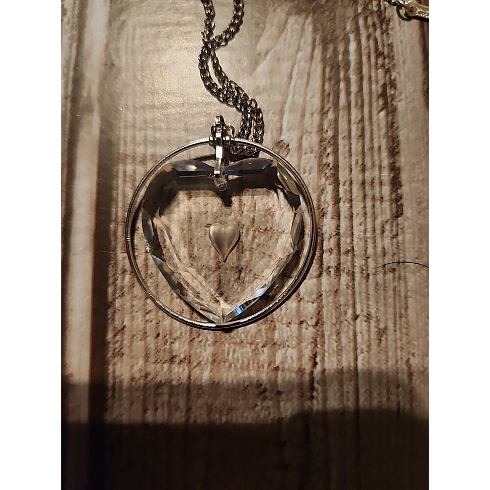 Crystal Floating Heart Pendant Necklace, Silvertone. - Picture 3 of 6